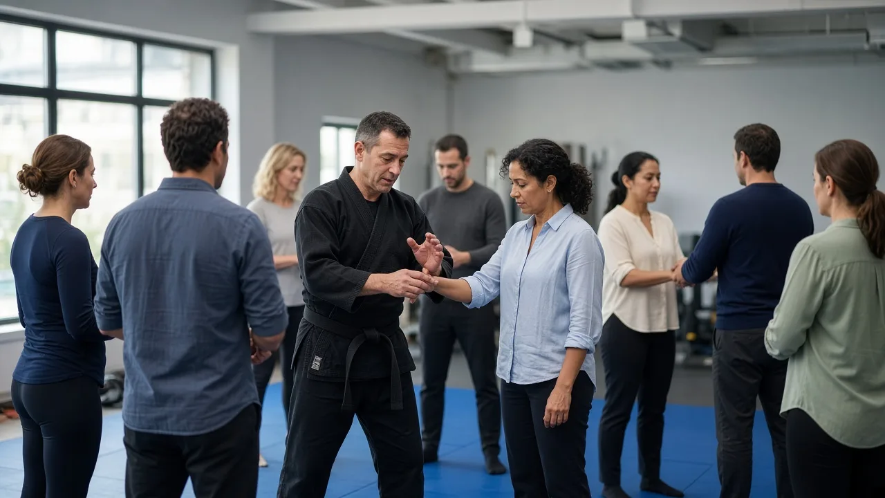 Instructor teaching adults a self-defense drill